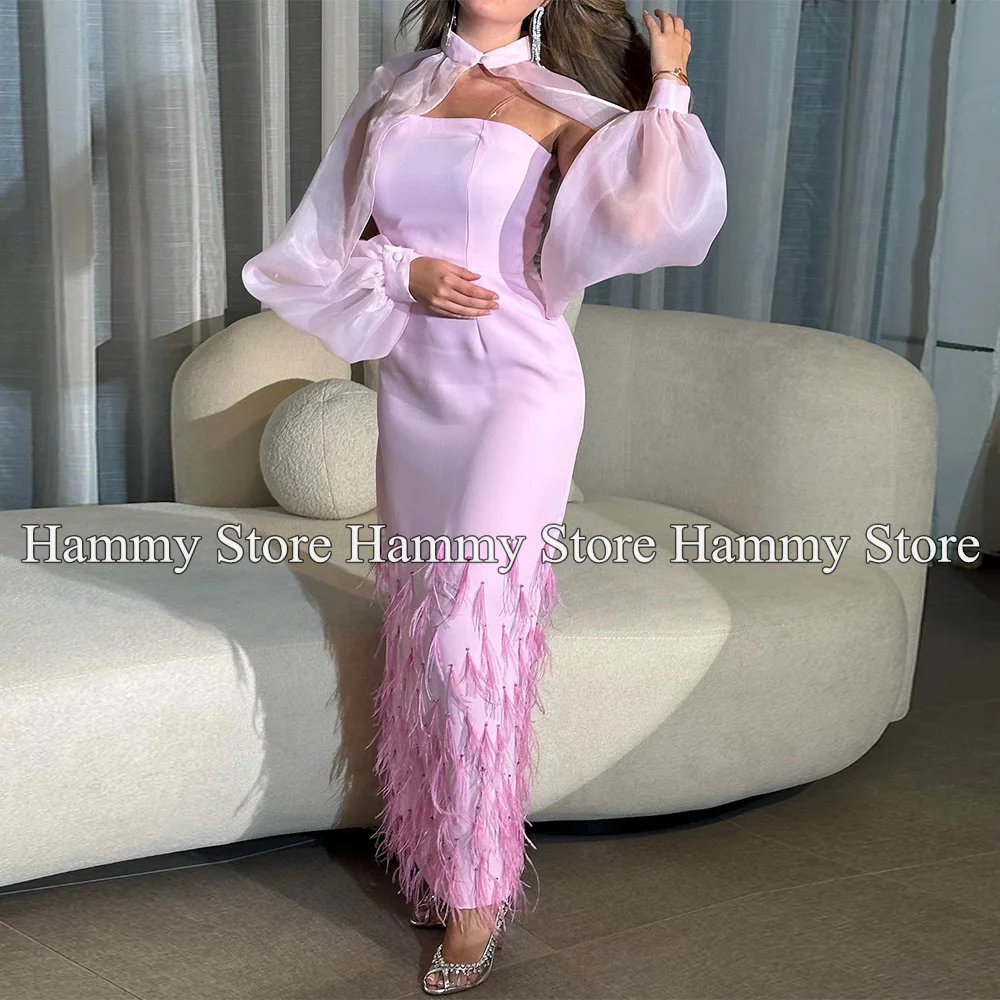 Yipeisha Pink Evening Dress Organza Jacket Strapless Feathers Prom Dresses Ankle Length Straight Wedding Banquet Party Gown