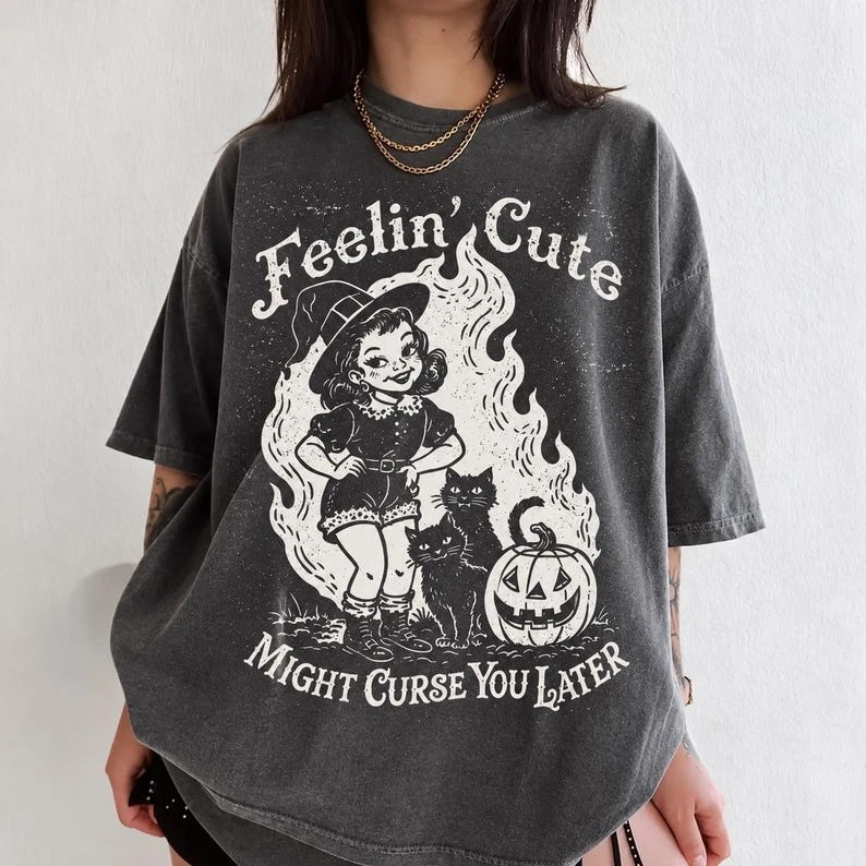 Cute Halloween shirt, vintage witch girl graphic T-shirt, fun Halloween tee for autumn  Casual, loose-fitting streetwear shirt