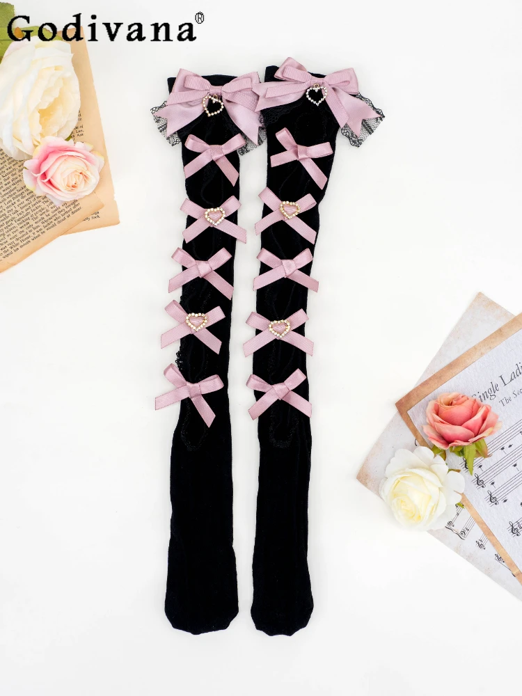 Japanese Mine Mass-Produced Original Design Bow Lace Stitching Hollow Sexy Socks Women Thigh High Stockings Fishnet Stockings