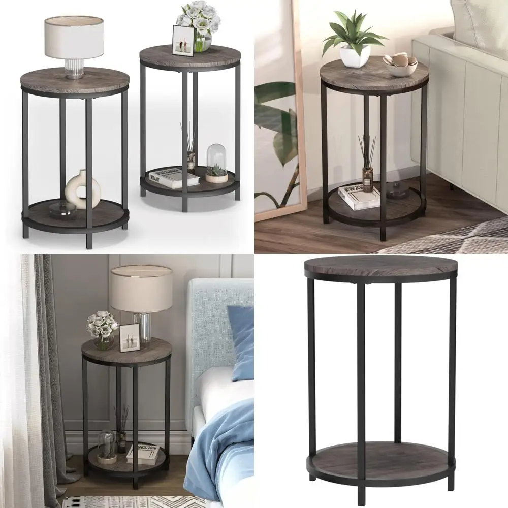 Rustic Wooden End Table Set of 2, 16 Inch Nightstands with Metal Legs for Living Room and Bedroom Use