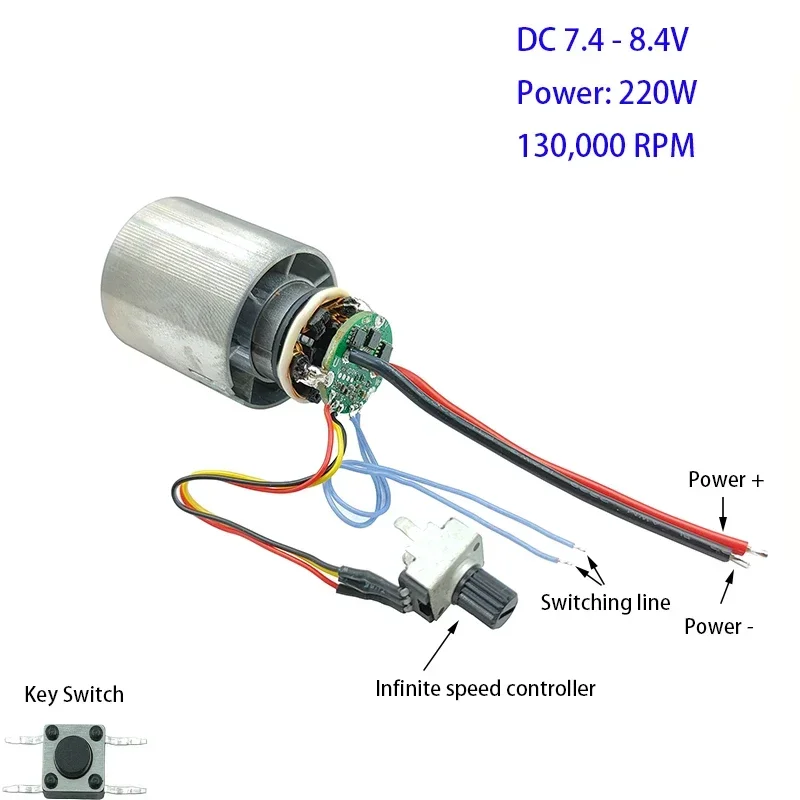 DC 7.4V 130,000RPM Brushless Motor DC 7.4 - 8.4V 220W Ultra-high Speed BLDC 3-Phase CNC Aluminum Alloy Impeller Ducted DIY Fan