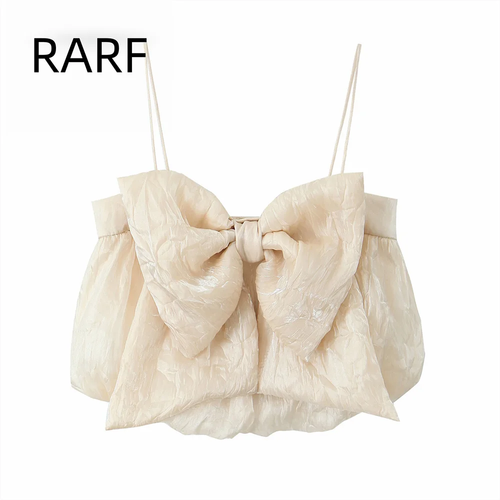 24 Autumn/Winter Women's Wear Wrinkle Effect Butterfly Knot Decoration Fine Strap Straight Collar Puff Bottom Short Top