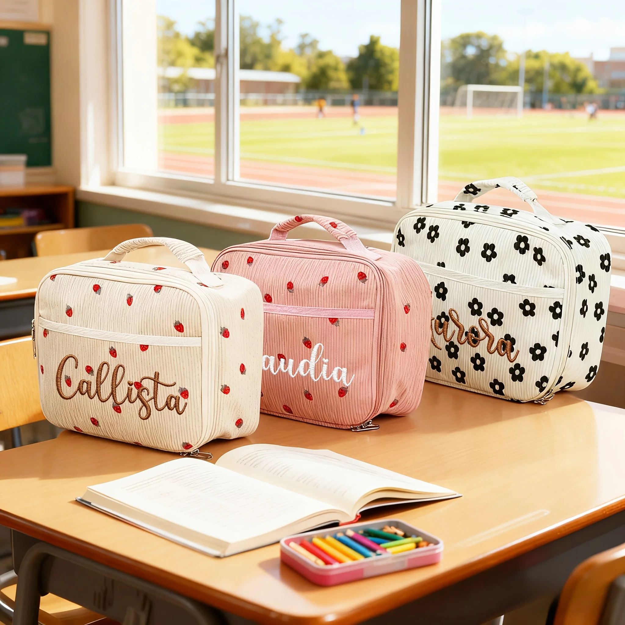 1pc Embroidery Insulated Lunch Bag,School Lunch Bag,Personalized ,Lunchbox Bag,Picnic Bag,Name Corduroy Lunch Bag