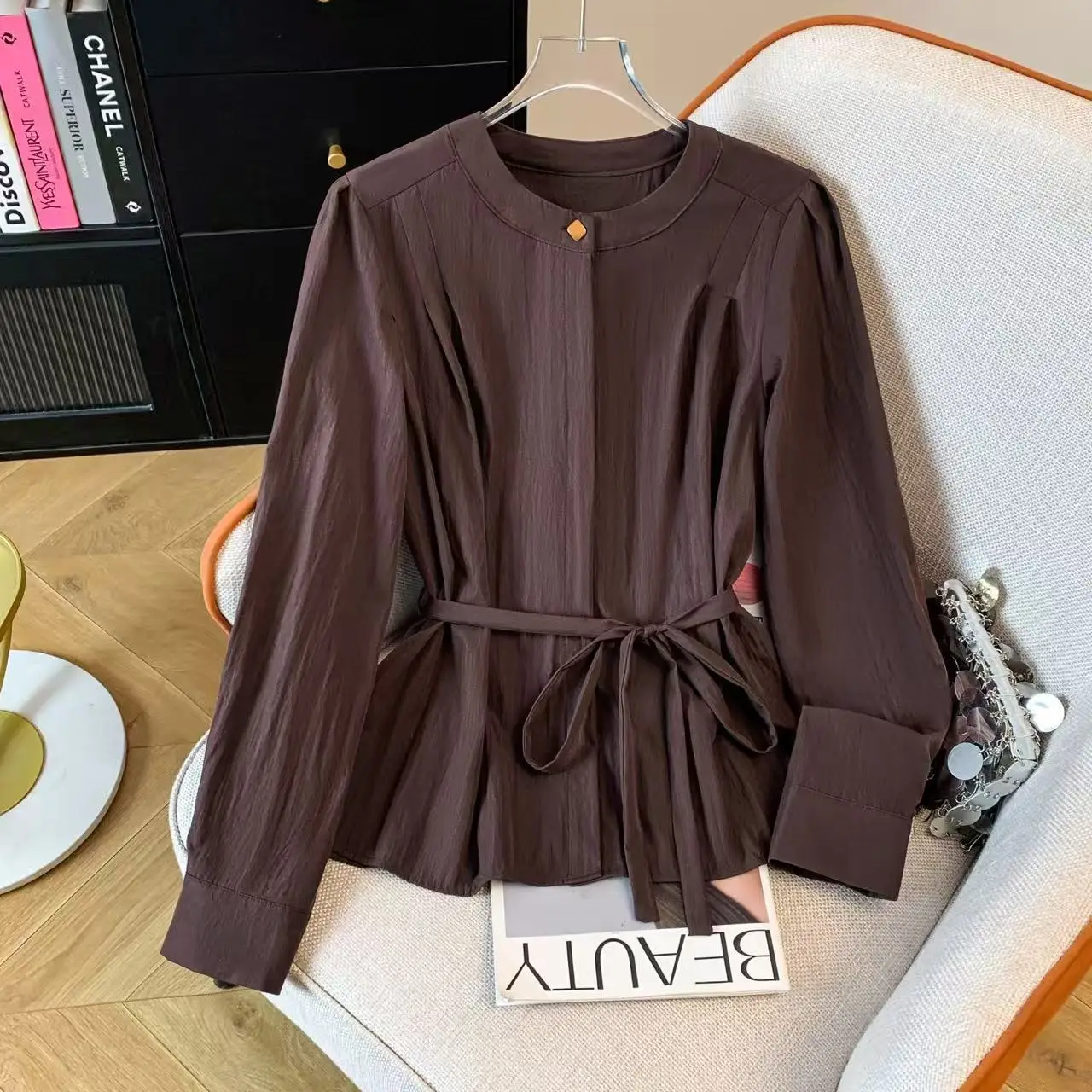 

Elegant Simple Large Sense High Waist Shirt Cardigan Long Sleeve Women's French Style Breathable Thin Polyester Fiber Shirt