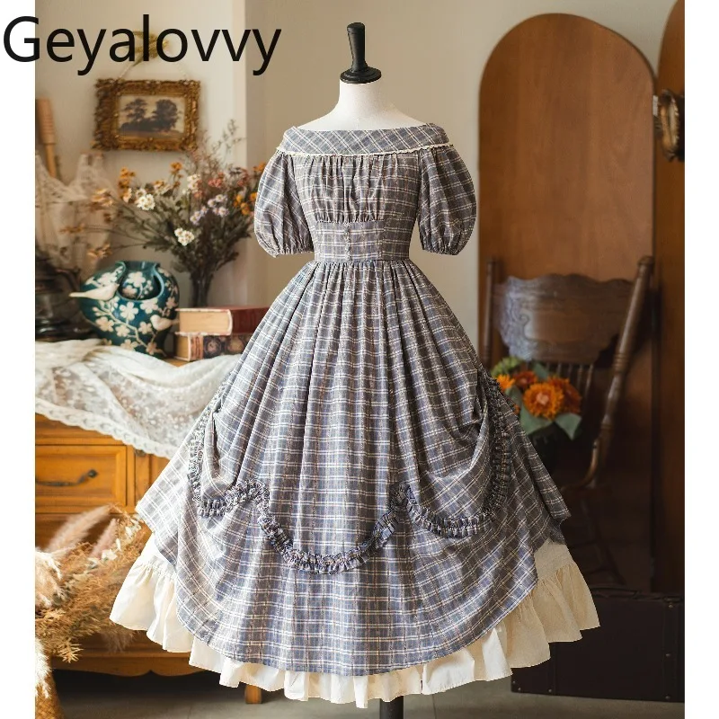 

Original Off-Shoulder Plaid High-Waisted Dress Summer Sweet Girls Versatile Short Sleeve Dresses Retro Pure Cotton Petticoat