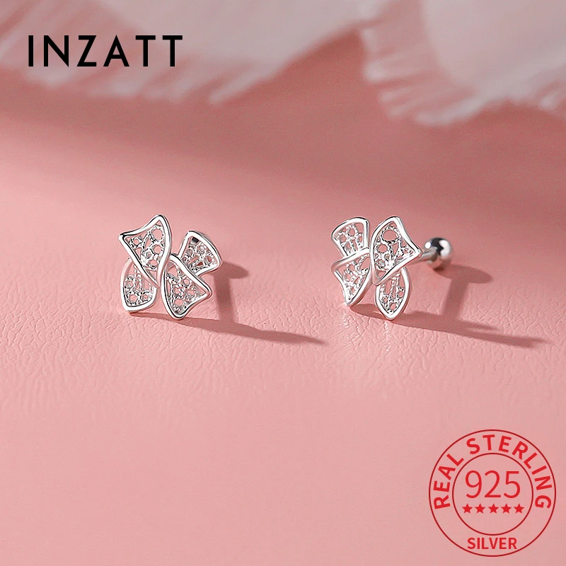 INZATT Real 925 Sterling Silver Hollow Butterfly Bead Stud Earrings for Women Cute Fine Jewelry Minimalist Piercing Screw Ball