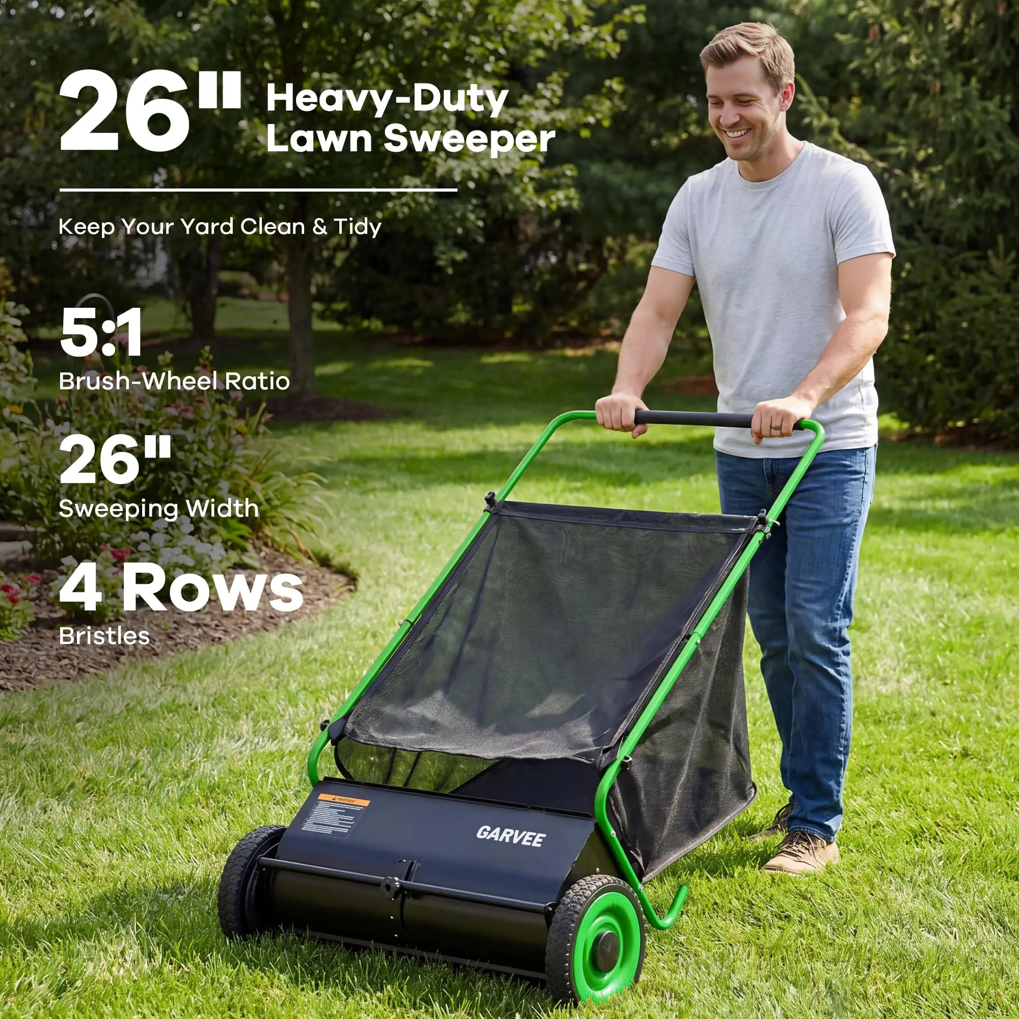 Efficient Yard Cleanup Push Lawn Sweeper 26 Inch 4 Spinning Brushes Large 7 Cu Ft Collector Adjustable Height Durable Steel Frame Rubber Tires for Lawn and Turf
