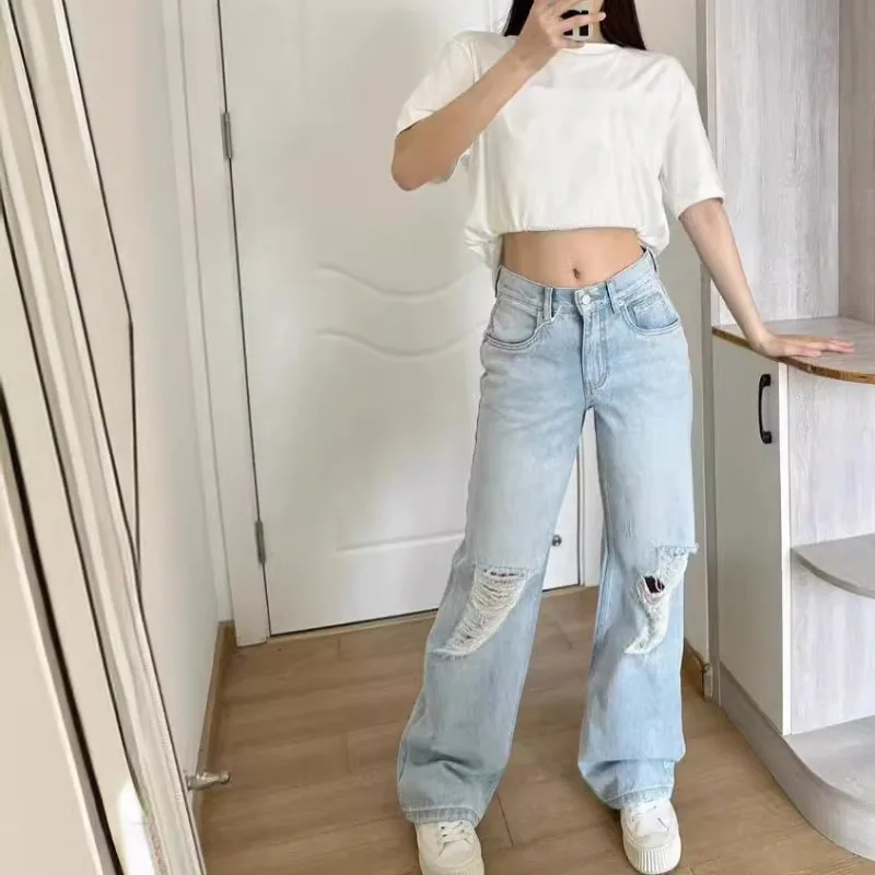 High-end Ripped Straight Leg Jeans