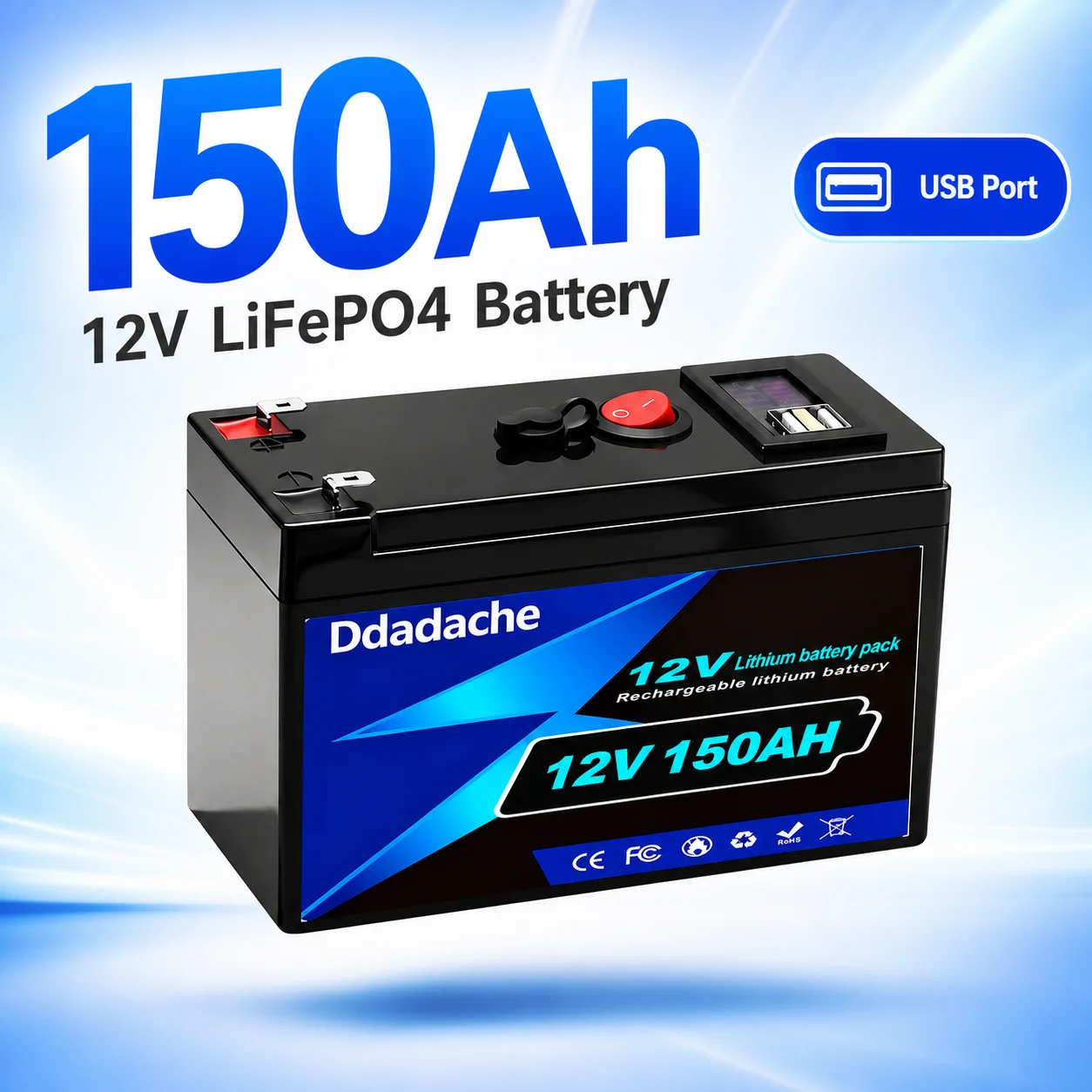 Batterie LiFePO4 12V 150Ah longue durée de vie 1920Wh, pack de batteries au lithium fer phosphate à décharge profonde avec BMS pour stockage solaire domestique, camping-car, marine, hors réseau