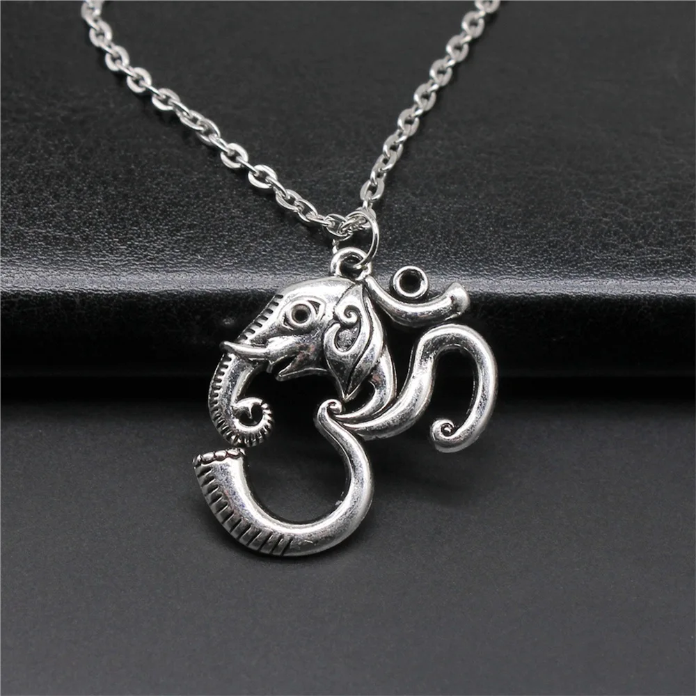 Fashion Simple Vintage Antique Silver Color 28x34mm Elephant Om Symbol Pendant Necklace For Women