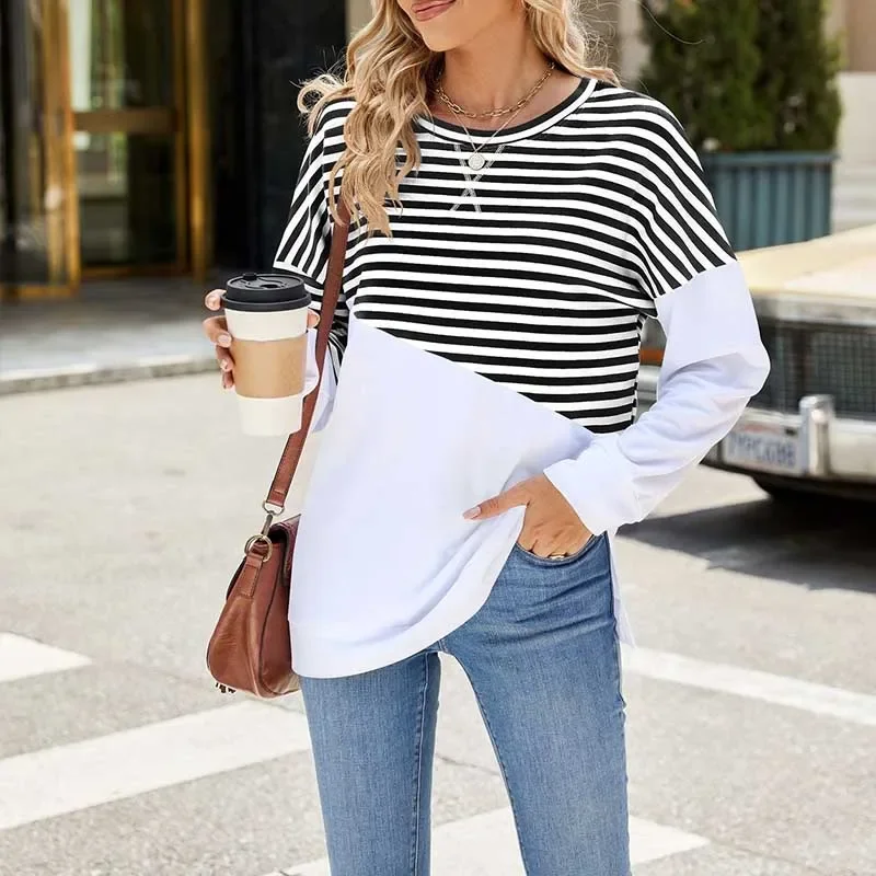 

Casual Striped New Autumn Split Long Sleeve Hoodies Femme Loose Streetwear Warm Winter Sweatshirt O-neck Ropa De Mujer Clubewear