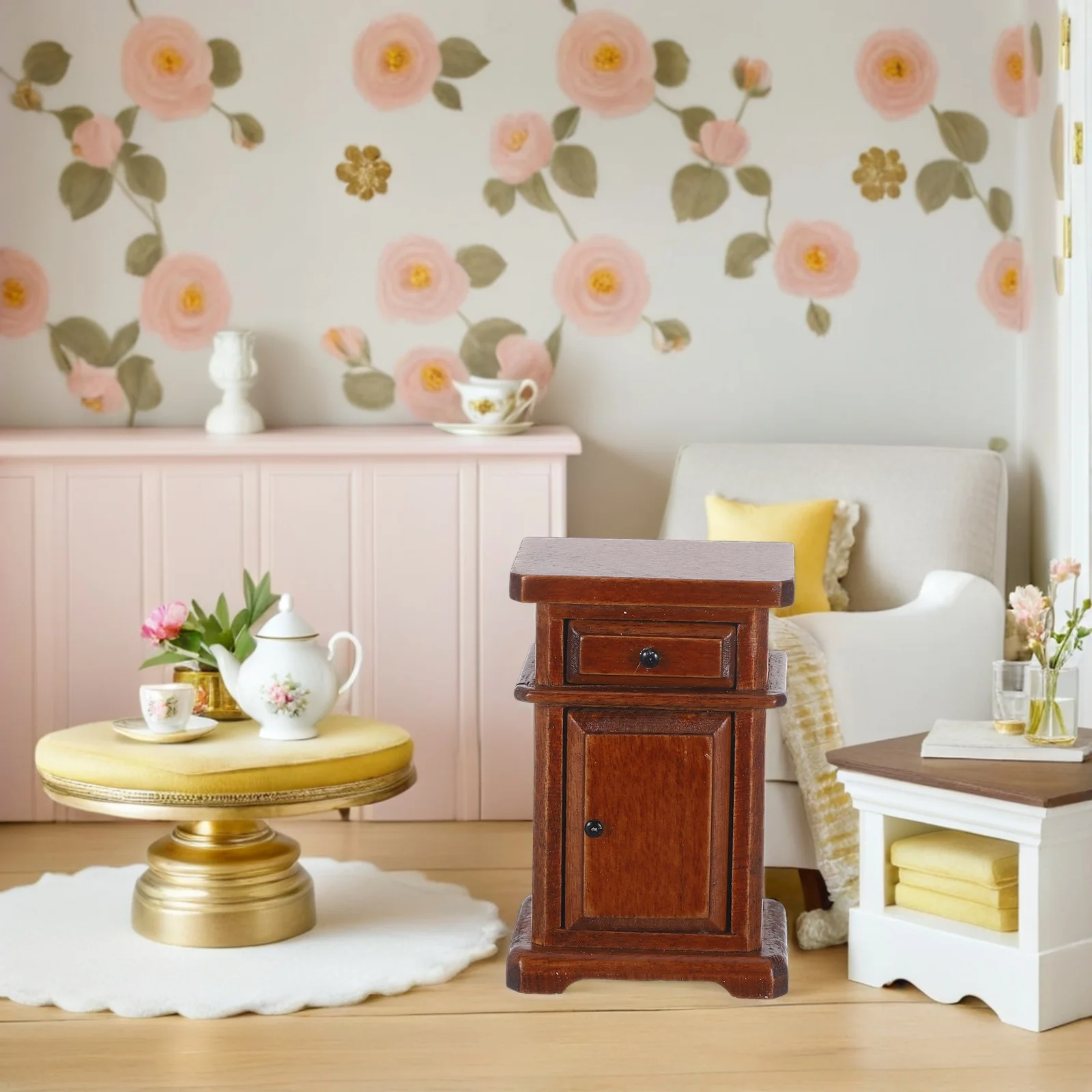 

Miniature Wooden Nightstand For Dollhouse Bedroom Vintage Style Small Bedside Cabinet Solid Wood Mini Furniture Accessory -
