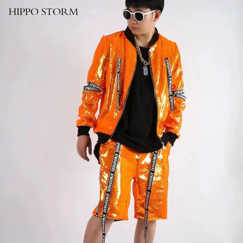 Shiny Orange Sequin Stage Jacket Patchwork Jacket Hip-hop Bar Nightclub Male Singer Leading Dancer Performance Suit