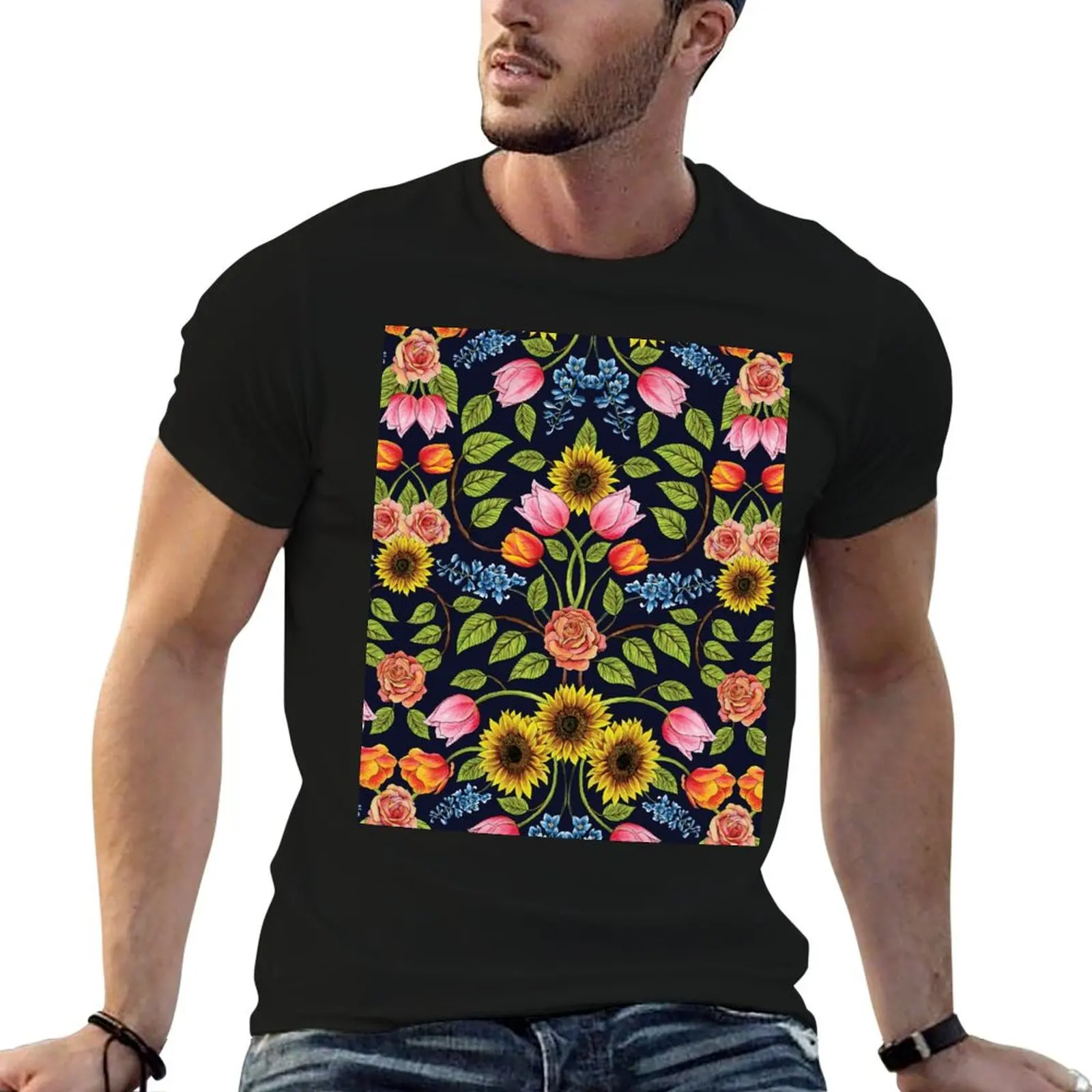 

Dark Floral Print - Sunflowers, Tulips, Roses & Delphinium T-Shirt designer shirts vintage clothes fitted t shirts for men