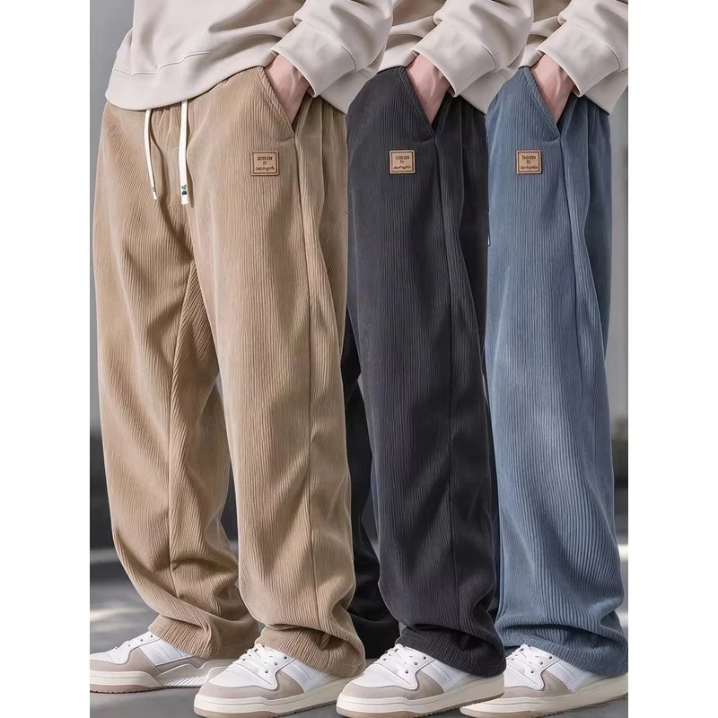 Men's Corduroy Pants Loose Straight Drawstring Waistband Winter Man Clothes Clothing Male Sports Padded Sweatpants Thermal Cold