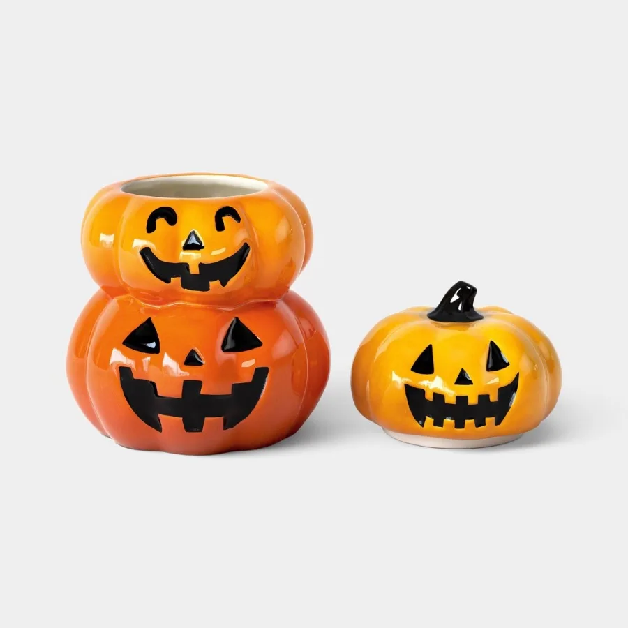 Orange Stacked Halloween Pumpkin Cookie Jar, 77.5 fl oz Large Capacity, Festive Treat Storage Canister, Fall Holiday Kitchen & Tabletop Decoration