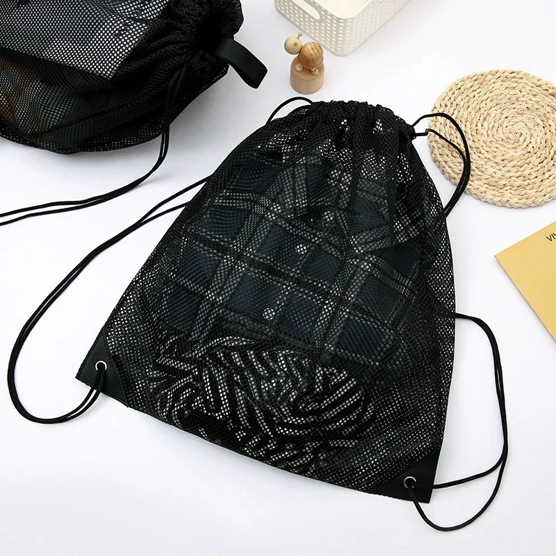 Mesh Drawstring Bag Backpack Black Mesh Bags Heavy Duty Soccer Ball Net Bag Equipment Bag for Gym Beach Swimming Gears