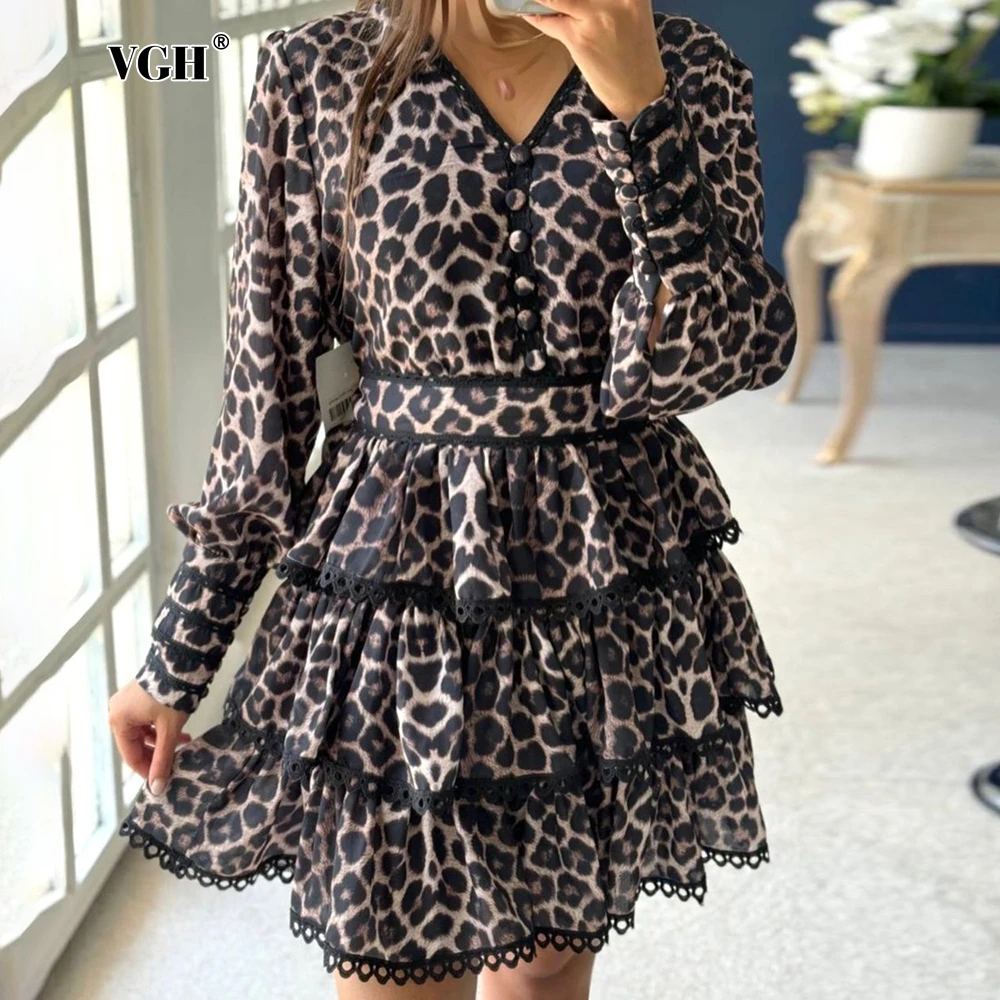 

VGH Hit Color Leopard Print Short Dresses For Women V Neck Long Sleeeve High Waist Spliced Lace Up Tunic Dress Female Fashion