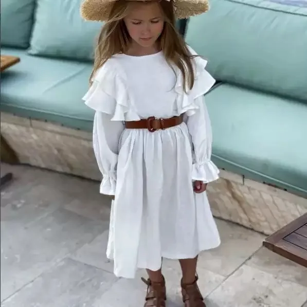 2026 autumn new baby girls long dress 2-14 teenager kids Cotton Hemp Lotus Leaf Lace Sleeve Princess A-line Skirt child clothes
