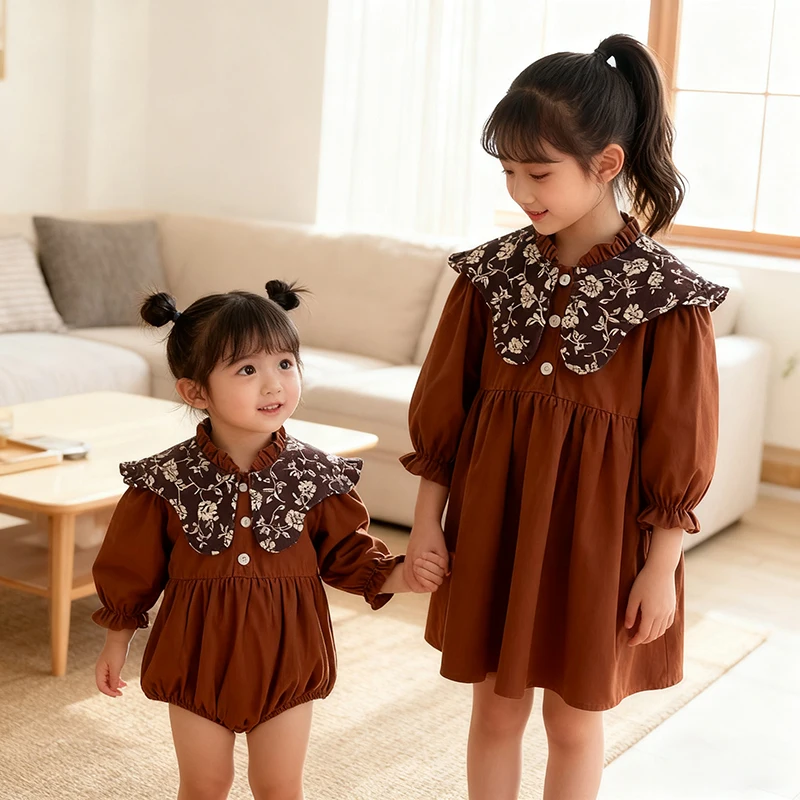 2026 neue Frühjahr Braun Lange Ärmel Schwester Kleidung Säuglings Baby Mädchen Party Kleid Kinder Kleid Vintage Blume Kleinkind Baby Bodys