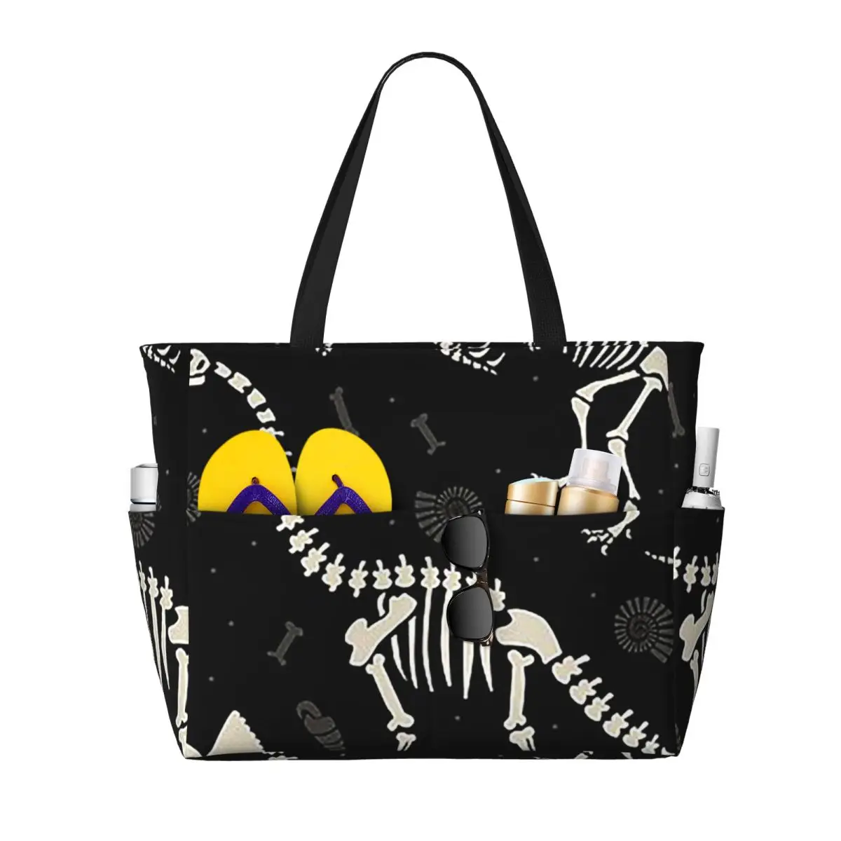 Dinosaur Fossils In Black Beach Tote Bag Sport Gym Yoga Duffle Large Tote Bag Women Travel Bag Fitness bag