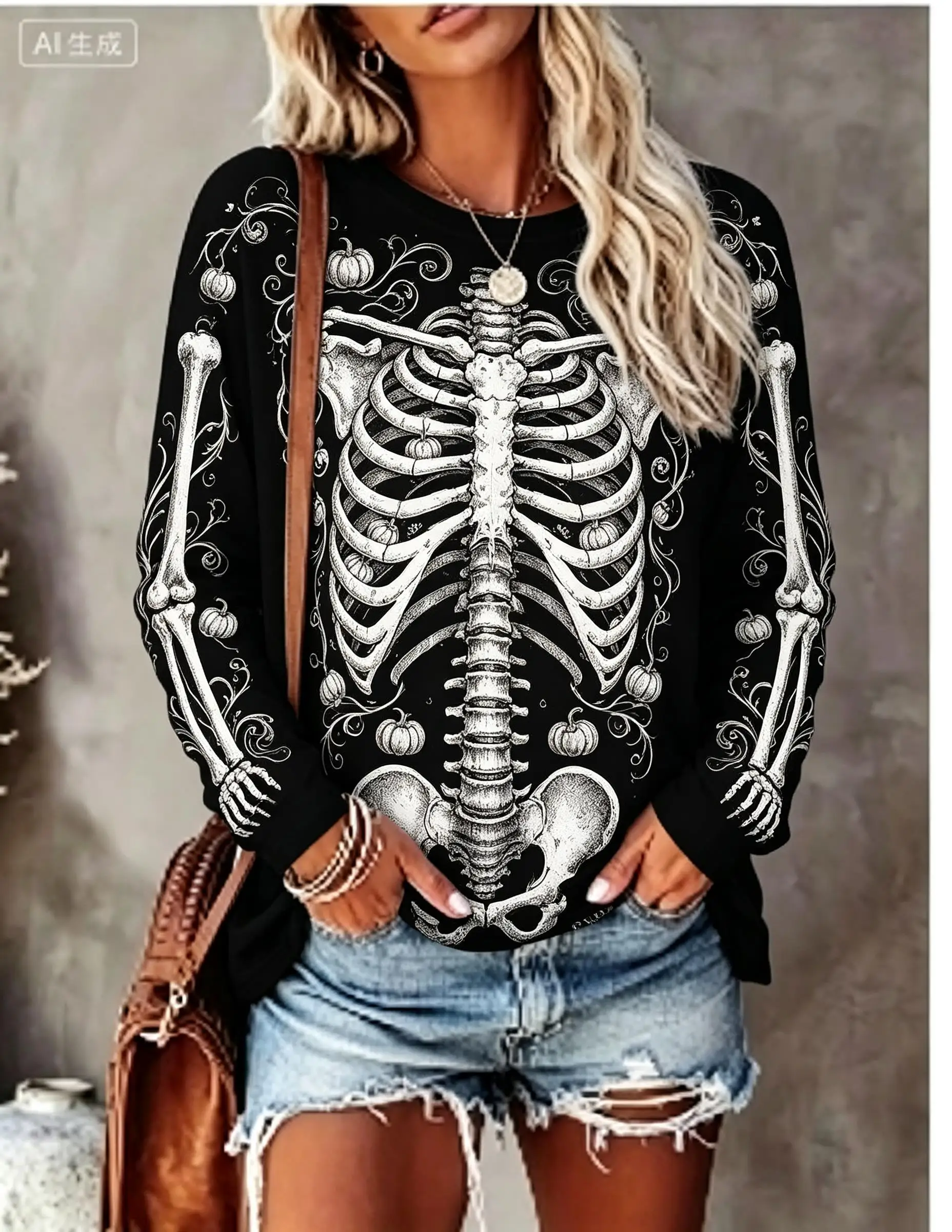 Women Halloween Long Sleeve T‑Shirt Full Skeleton Bone Anatomy Gothic Print Crew Neck Fall Tops