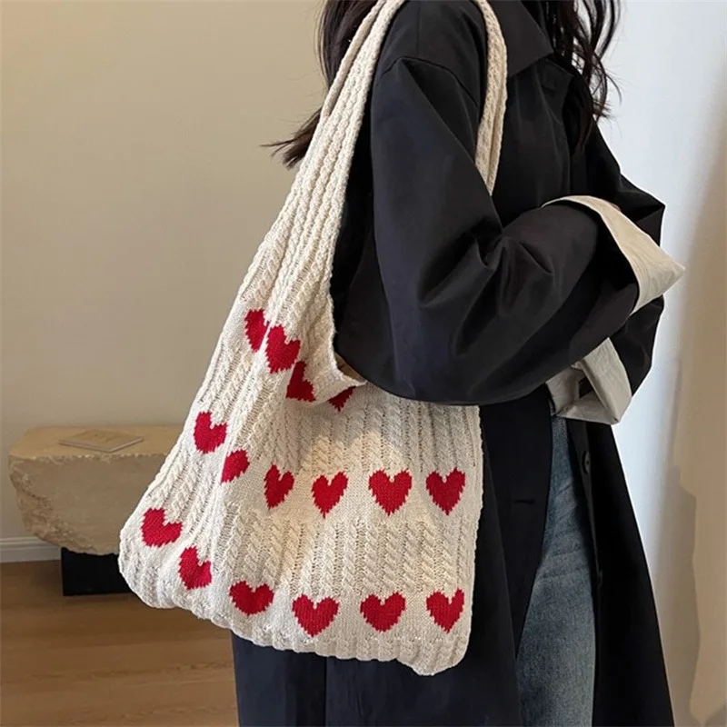 Heart Knitted Women's Bag Knit Eco Bag Korean Foldable Shopper Y2K Crochet Rope Shoulder Bag Sweet Knitting Handbag Ins Tote Bag