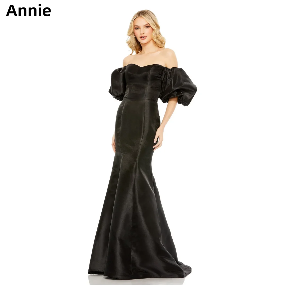 Annie Zwarte Elegante Trouwjurk Luxe Off-Shoulder Satijn Arabische Dames Prom Jurken Poff Mouwen فساتين سهرةvestidos De Fiesta