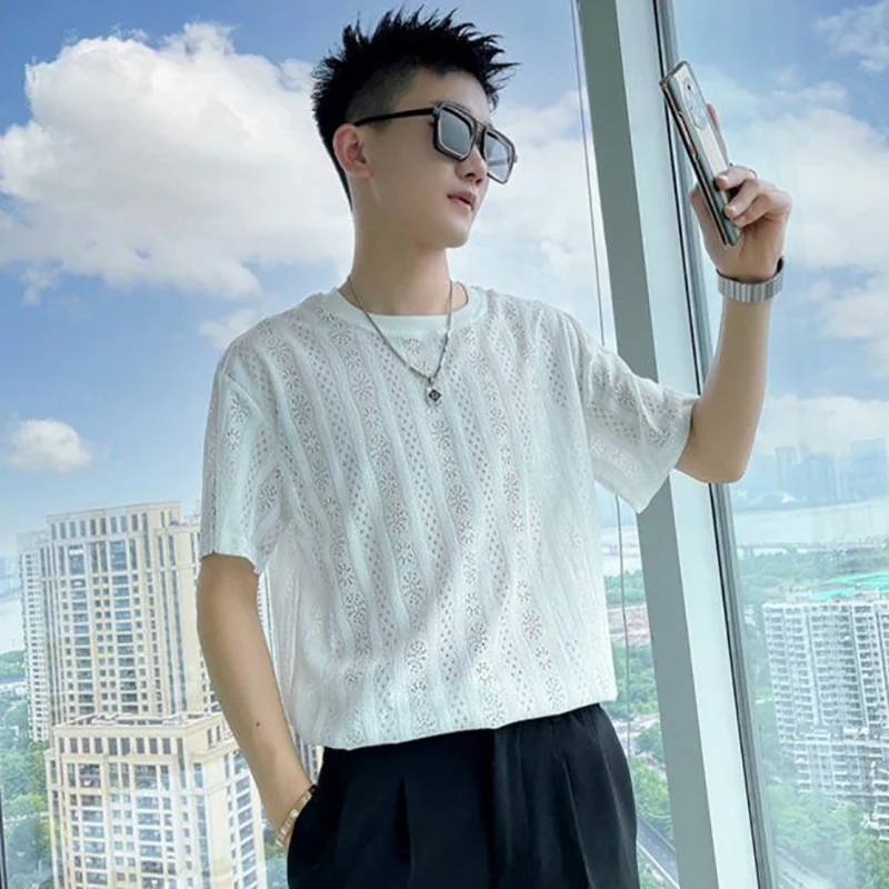 

Summer Hollow Out Short Sleeve Men O Neck T Shirt Fashion Harajuku Casual Oversized Streetwear Black White Hip Hop Punk Clothing