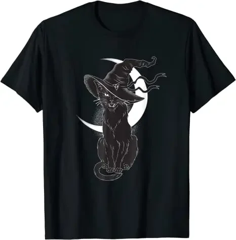 Cat-Lover Aesthetic Clothes Graphic Tee Tops Gifts Cotton Outfit Moon Halloween Scary Black Cat Costume Witch Hat mens T-Shirt