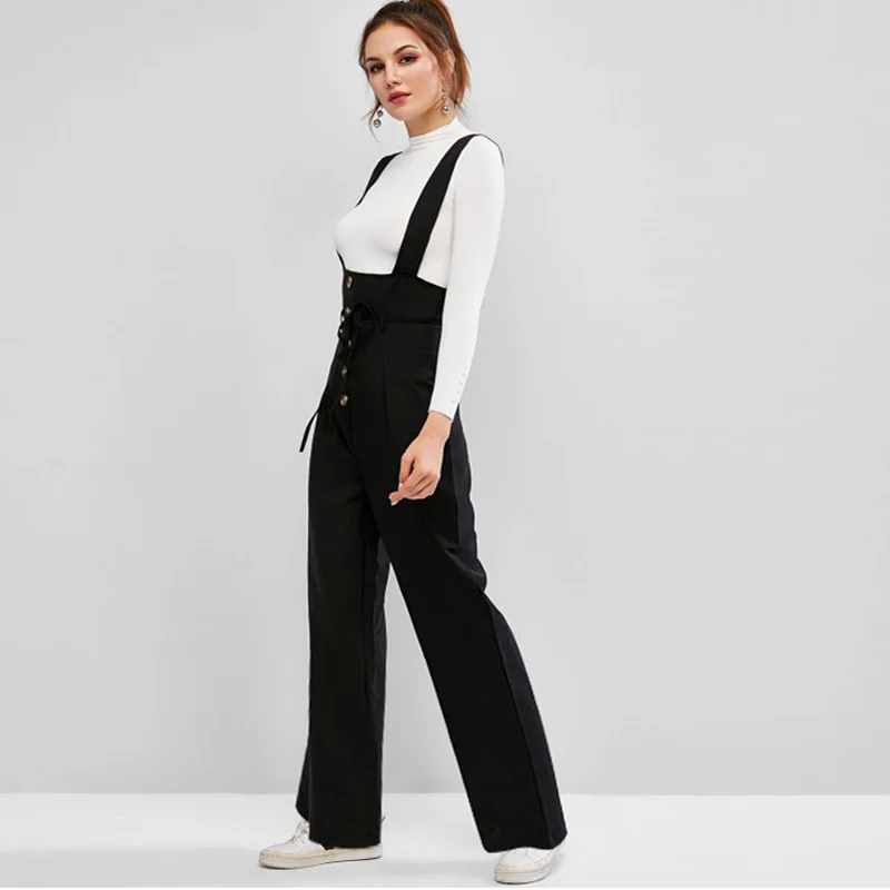 

Women Overalls Jumpsuits Pockets One Piece Casual Straight Pants Spliced Solid Ankle Length 2024 Basics Button High Waist