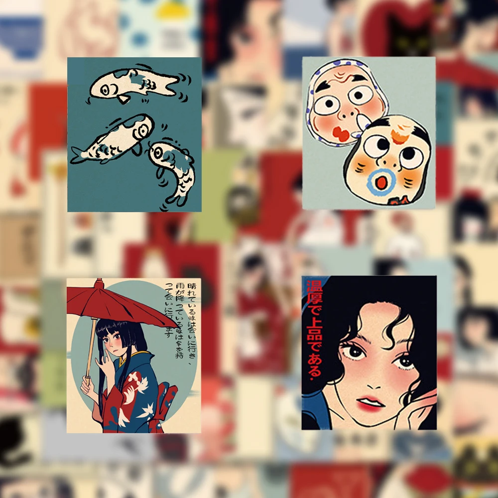 

10/30/50pcs Japanese Cultural Style Illustration Stickers Retro Cartoon Anime Girl Sticker Laptop Phone Suitcase Creative Decals