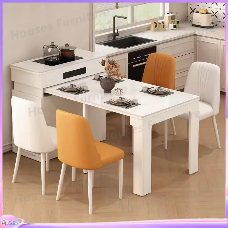 Modern Cream Folding Dining Table with Mirror Top Island Design Solid Wood Sintered Stone Multi-Functional Storage Space for