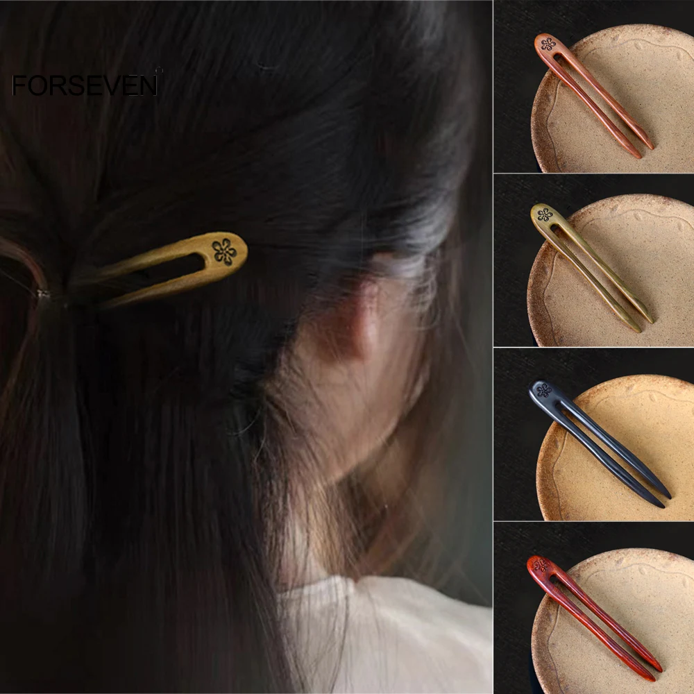 Chinese Wooden Hair Stick Forks U Shaped Hairpins and Clips Retro Fashion Hair Bun Maker Women Girls Hair Styling Headpieces