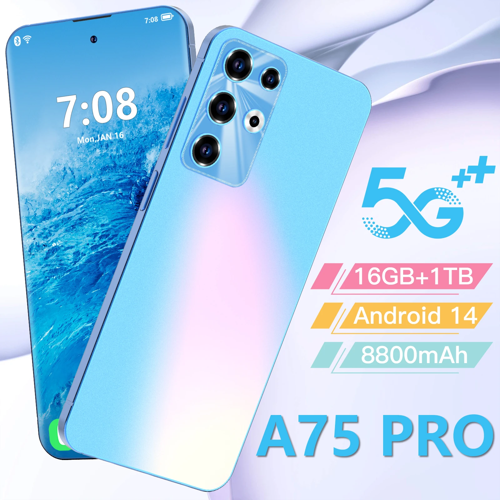 

Global Version A75 Pro Smartphone 5G 7.3 inch HD Screen 8800mAh Qualcomm8 Gen 2 Android 14 Mobile Phone Unlocked Celulares