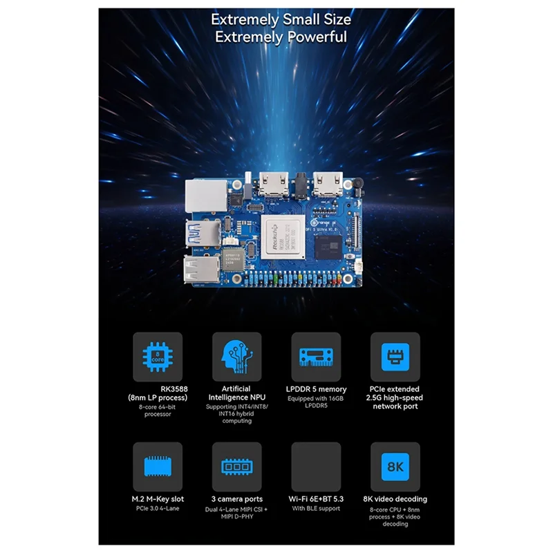 

Плата Qy-Slot Ram RK3588 Wi-Fi + BT M2 SSD 6TOPS NPU Ultra Mini PC работает для Android12 16G