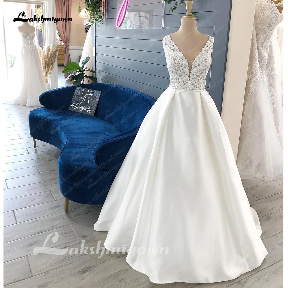 Lakshmigown-Simples cetim nupcial Boho vestidos de casamento, V Neck Robe, A Line, Praia Vestidos de casamento, Verão, 2022