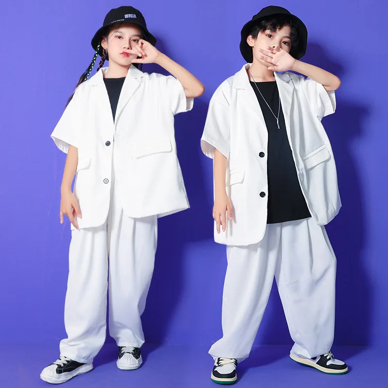 

Modern Hip Hop Dance Clothes For Kids White Suit Catwalk Concert Show Costume Girls Jazz Dance Costume Boys Stage Wear BL9047