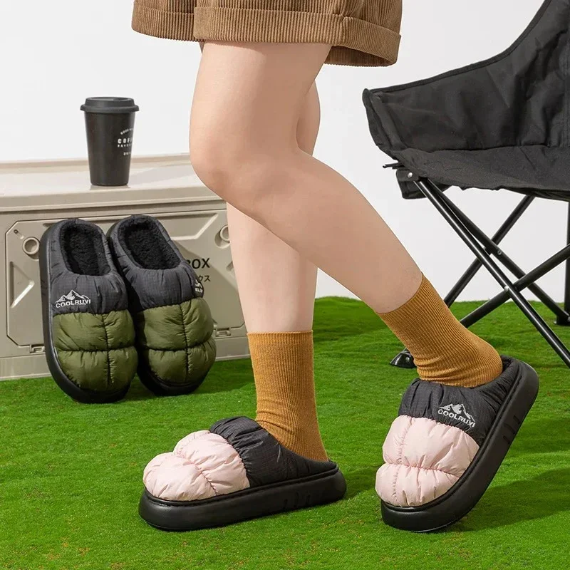 SHAJI Unisex Paar Wasserdichte Daunen-Plüsch-Hausschuhe, Winter Warme Dicksohlige Rutschfeste Gemischte Farben Lässige Innen- und Außen-Hausschuhe – Detail 8