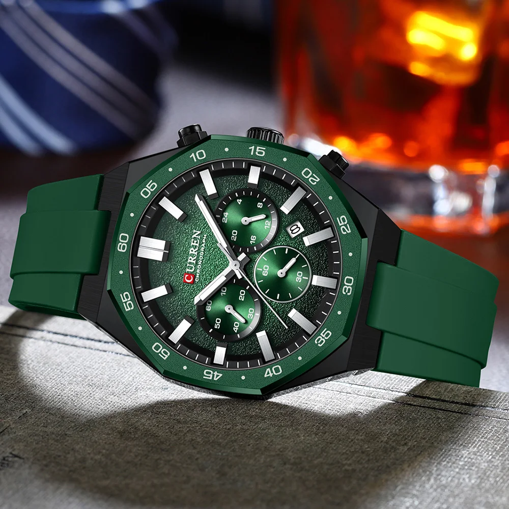 CURREN 8489 Quartz Watch Men’s Multifunctional Silicone-strap Wristwatch, Calendar Waterproof Six-hand Quartz Watch