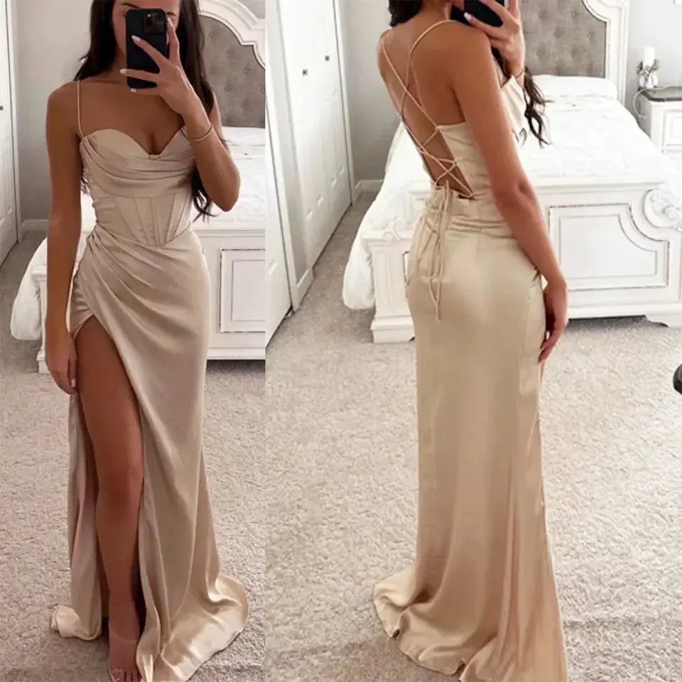 

Сексуальное вечернее платье русалки с разрезом по бокам на заказ, новые атласные вечерние платья на бретельках с открытой спиной и сердечком для выпускного вечера
