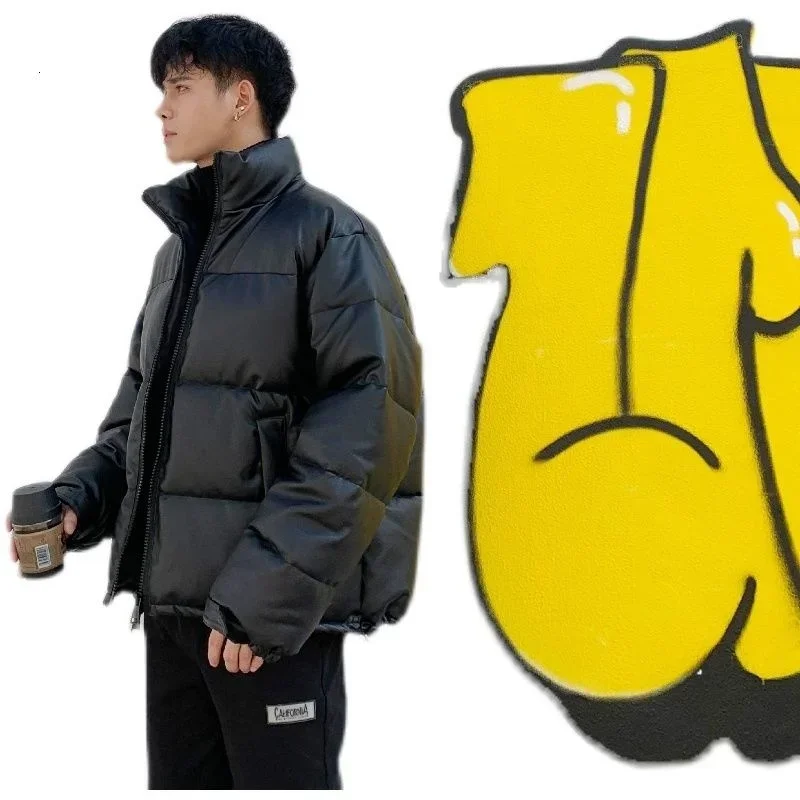 Parkas de couro engrossadas masculinas, casacos monocromáticos, jaquetas soltas de algodão acolchoadas, moda masculina, parkas quentes, inverno