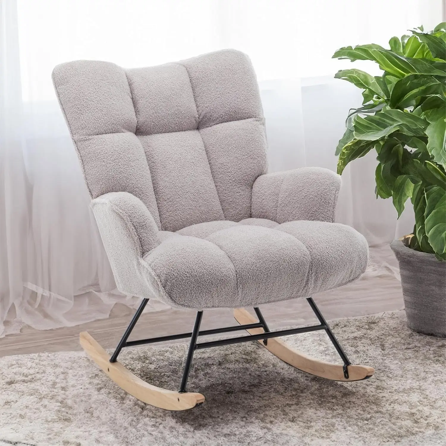 

Rocking Chair Nursery Teddy, Upholstered Baby Fluffy Glider Rocker for Adults Small Spaces Indoor, Comfy Sherpa Compact Nursing