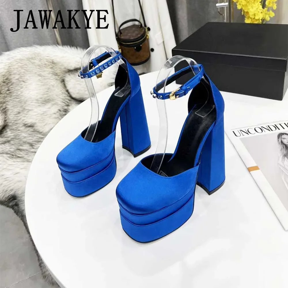 Elegant Women Mary Jane Shoes Satin Platform Super High Heel Party Shoes Square Toe Chunky Heel Crystal Women Wedding Shoes