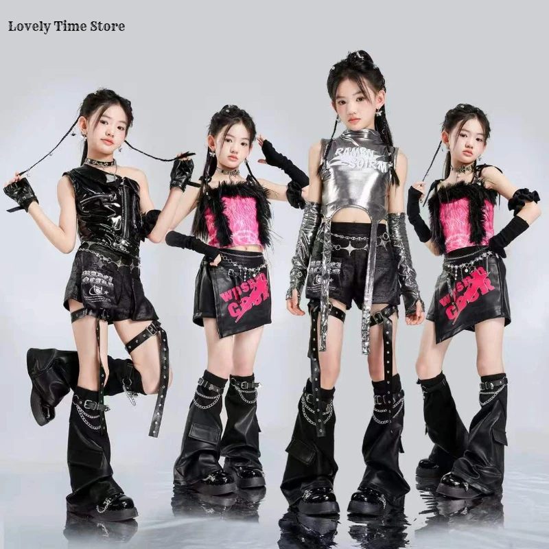 Girls Hip Hop Shiny Crop Top Hot Pants Kids K-pop Jazz Shorts Dance Culottes Clothes Sets Children Streetwear Girl Group Costume