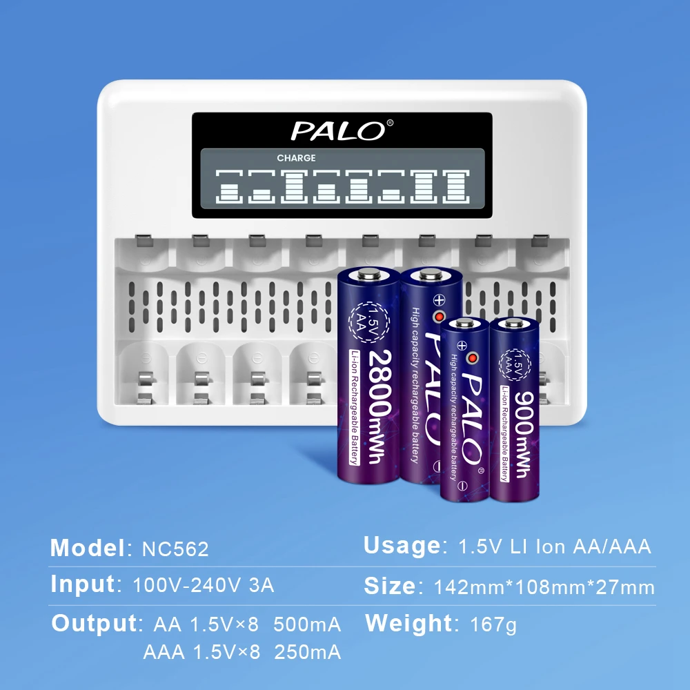 PALO 4-8 Slots Fast Smart Charger LCD Display Intelligent Battery Charger For 1.5V AA AAA Li-ion Lithium Rechargeable Battery