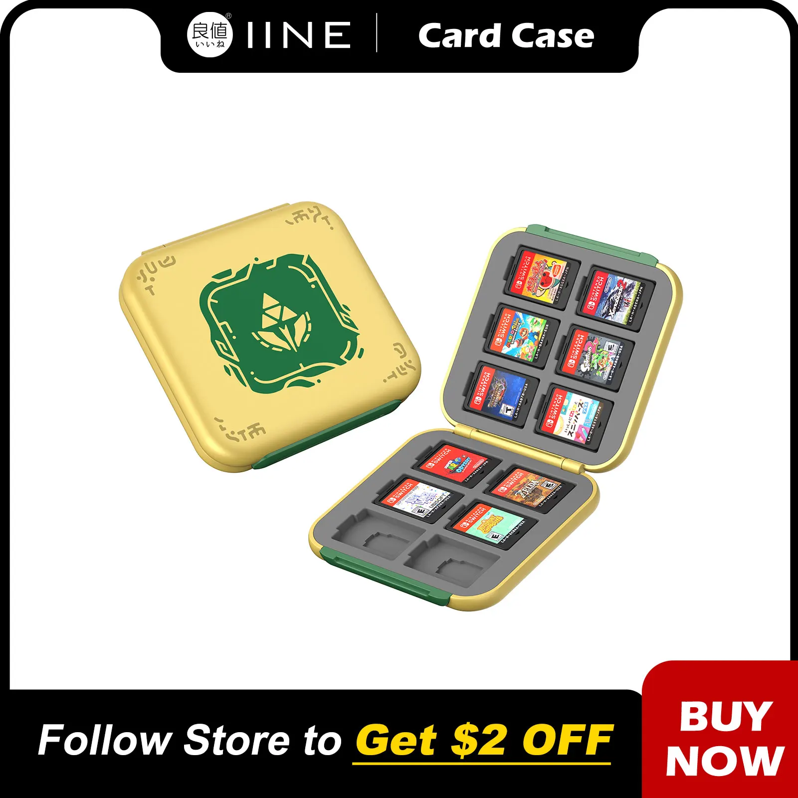 

IINE Golden-Green Cassette Box 12 Card Case Compatible Nintendo Switch Game Cards