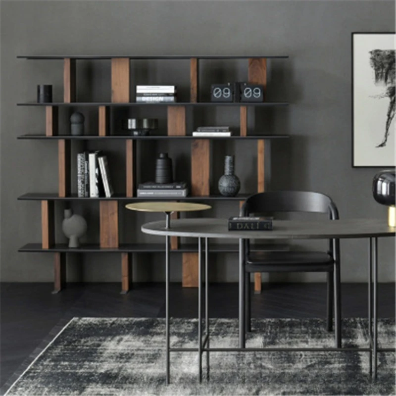 Книжная полка из цельного дерева с железной рамой, многослойная полка для гостиной