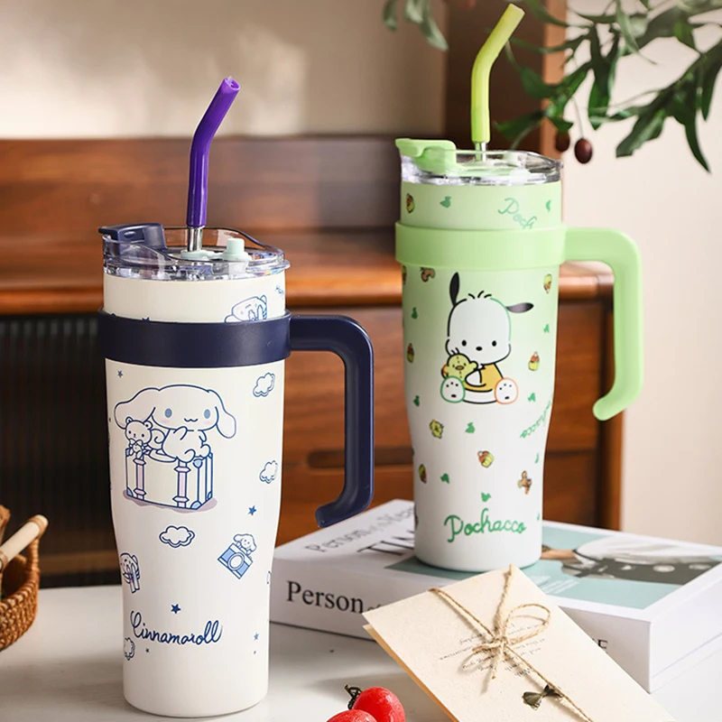 1200ml Sanrio Thermos Bottle Anime Hello Kitty Cute Kuromi Cartoon Large Steel Water Bottle Tumbler Girl Straw Cup Children Gift