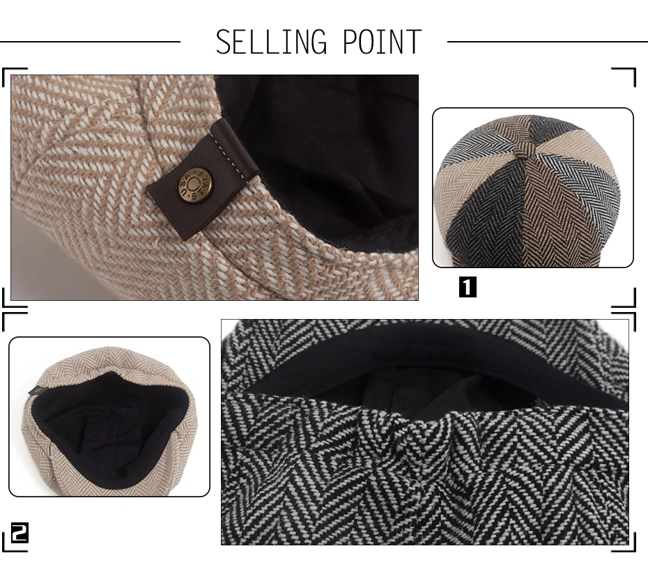 Neue Retro Fischgräten Zeitungsjunge Mütze Für Männer Herbst Winter Warme Baskenmütze Frauen Mode Vintage Hut Hip Hop Weibliche Flache Kappen Berets – Detail 2